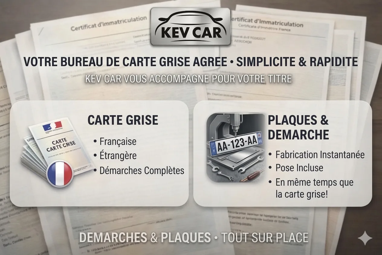 Bureau de carte grise agréé Kev Car — carte grise française et étrangère, fabrication et pose de plaques